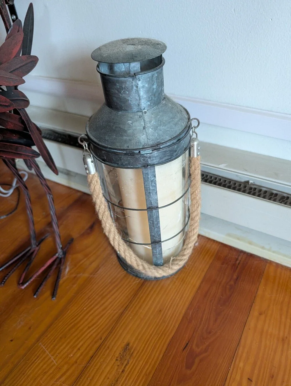 Rustic Metal and Rope Lantern - Cream Glass, No Brand
